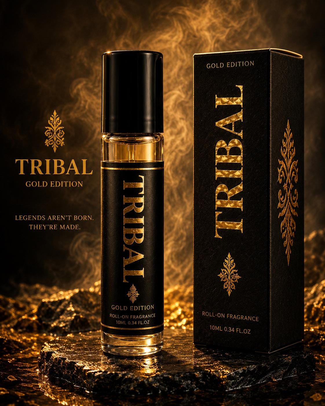 Tribal Gold Edition roll-on fragrance oil and box